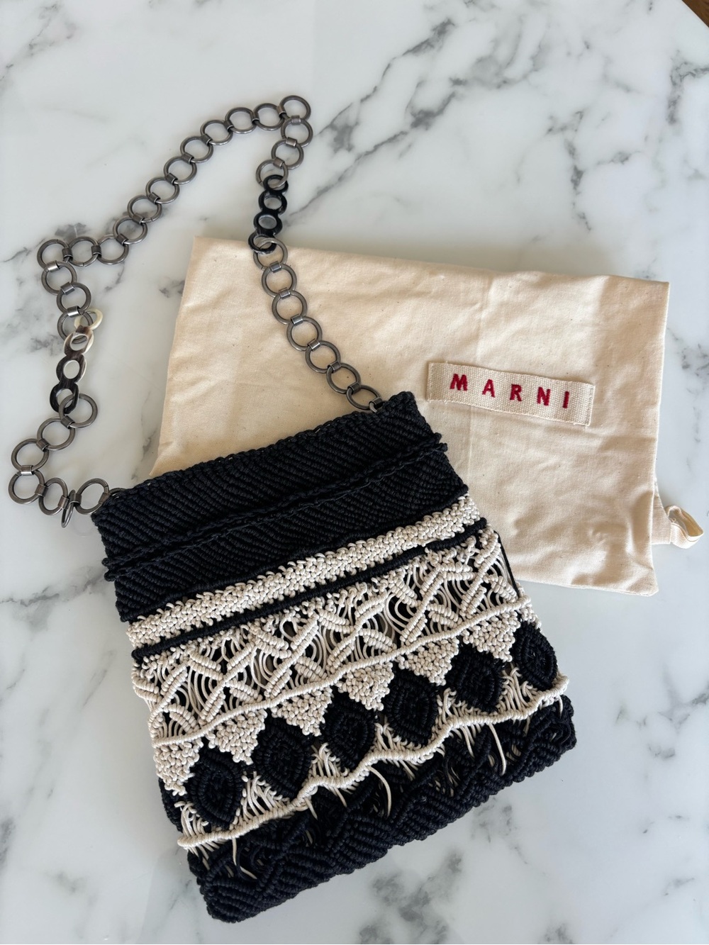 Authentic Marni Black and Cream Macramé small Bag with Chain Strap